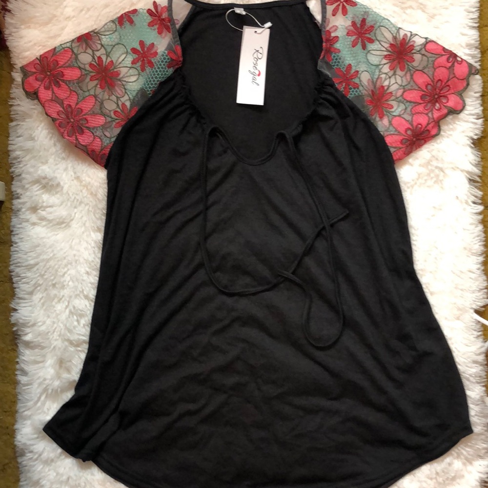 Rosegal floral mesh sleeve top